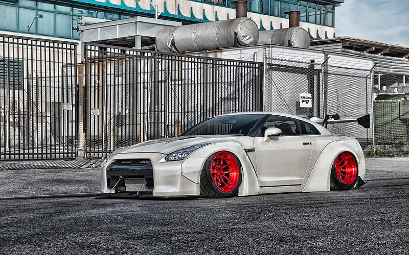 Nissan GT-R, low rider, tuning, R35, 2019 cars, white GT-R, supercars, japanese cars, Nissan, HD wallpaper
