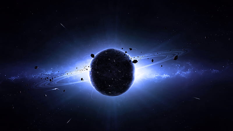 Planet and asteriods, planet, ilsur gareev, space, black, cosmos, asteroid, blue, luminos, fantasy, saturn, HD wallpaper