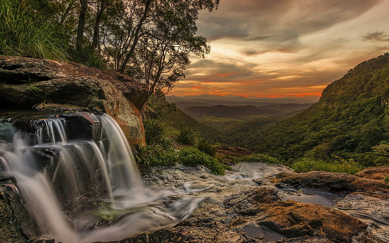 mountain river, waterfall, mountain valley, mountains, sunset, Queensland, Lamington National Park, Australia, HD wallpaper