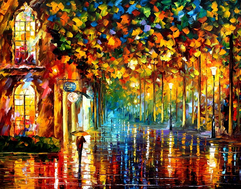 Caminando bajo la lluvia, vistoso, pintura, caminar, hombre, lluvia,  árboles, Fondo de pantalla HD | Peakpx