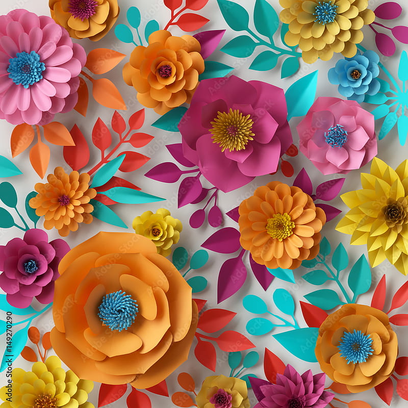 3D render, digital illustration, colorful paper flowers , spring summer background, floral bouquet isolated on white, vibrant colors, mint pink orange yellow Stock Illustration, HD phone wallpaper