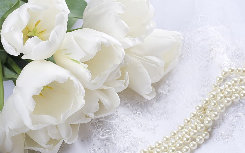 Lace And Pearls White Tulips Bouquet, Lace, Tulips, Still Life, Pearls, White, Bouquet, HD wallpaper