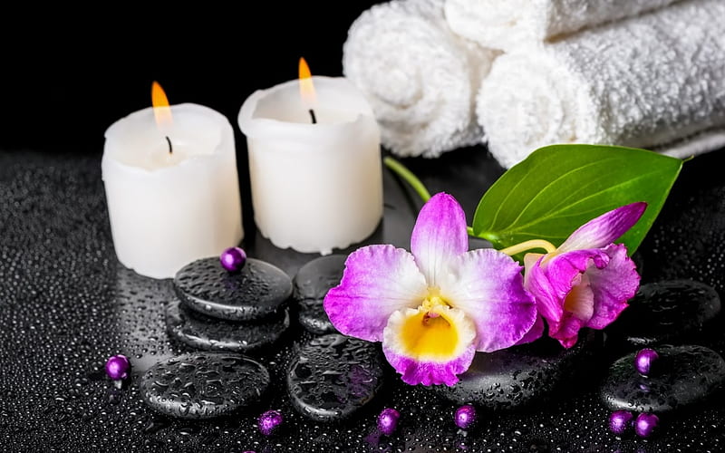 Spa treatment, Candles, Stones, Orchid, Towels, HD wallpaper