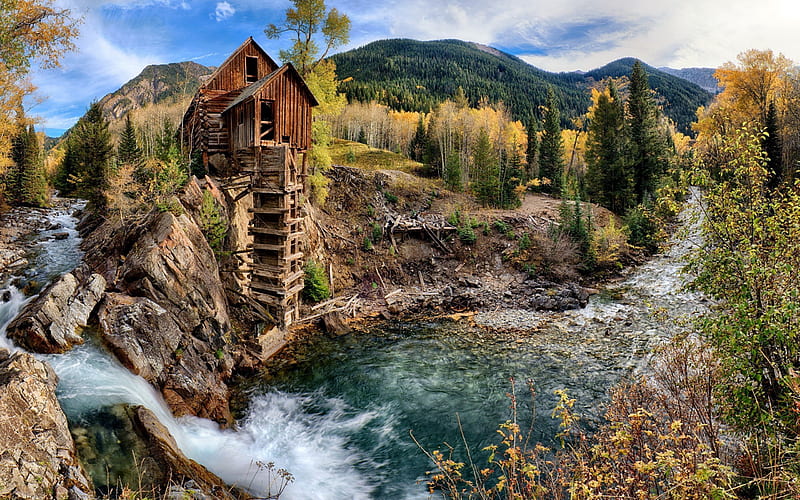 crystal mill, stones, stream, hut, colorado, crystal river, mountain river, usa, HD wallpaper