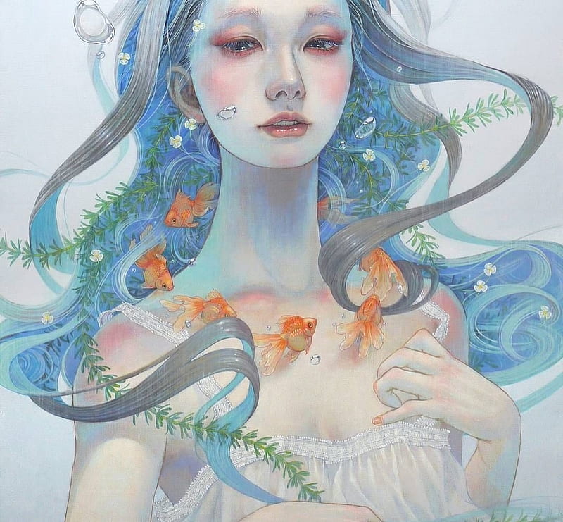 Mermaid, girl, water, chalk, blue, art, miho hirano, painting, pictura, pesti, fish, siren, HD wallpaper