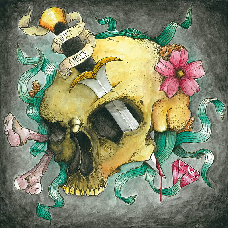 Buried Anger, fantasy, flowers, abstract, skull, dagger, artwork, scroll, HD wallpaper