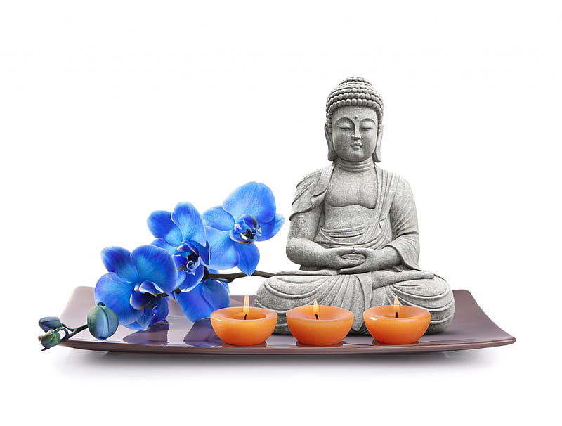 A statue with candles, orchids, a statue, zen, flowers, spa, candles, HD wallpaper