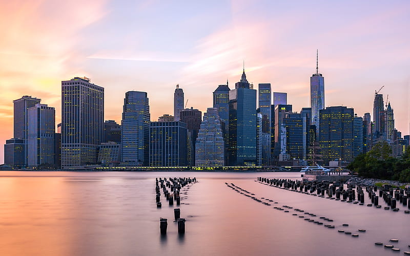 Manhattan, old pier, skyscrapers, New York, USA, America, NYC, HD wallpaper
