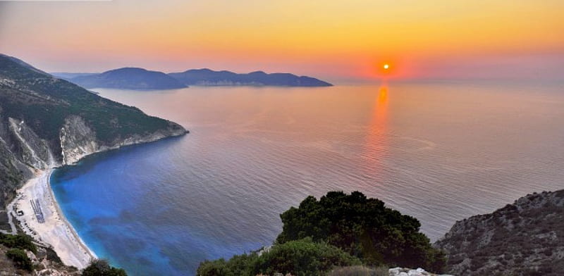 Sunset At Kefalonia Island, red, bonito, sunset, sea, beach, Greece, cliff, island, blue, HD wallpaper