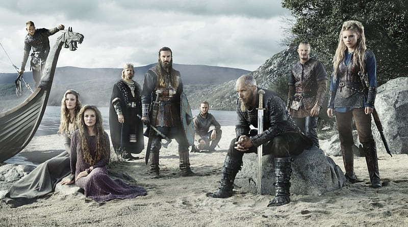 Vikings, warriors, boat, Ragnar, fight, beach, sea, Lagertha, HD wallpaper