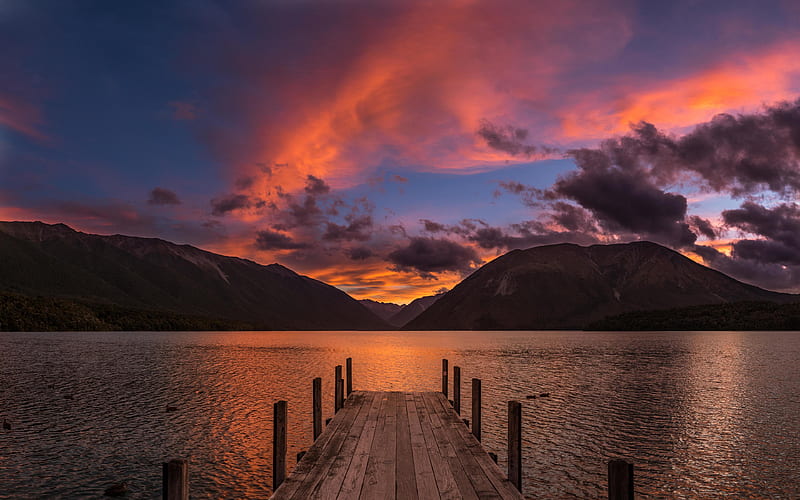 Rotoiti Lake pier, sunset, New Zealand, HD wallpaper