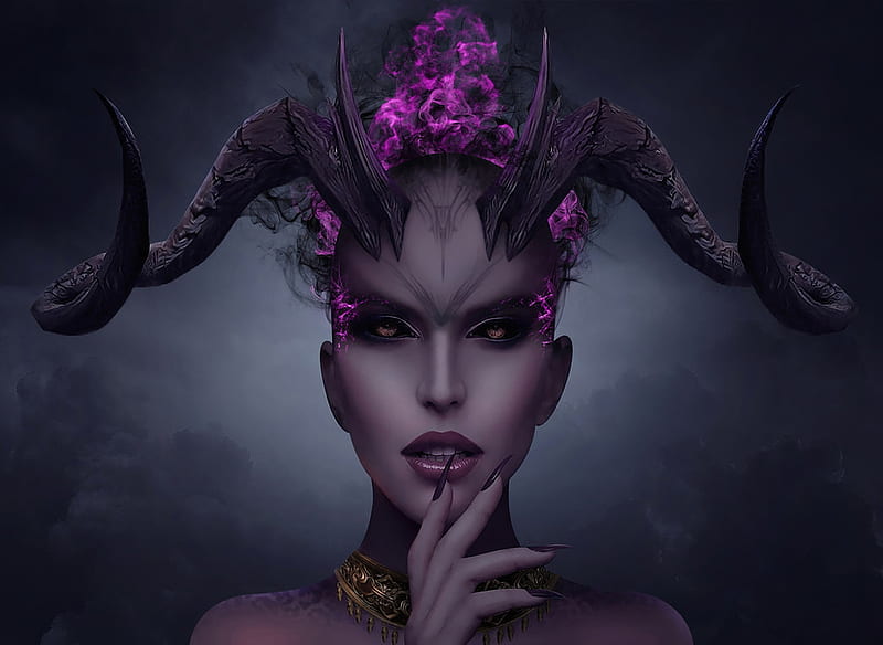 Desire demon, luminos, black, horns, succubus, ivaran, girl, purple, dark, hand, face, pink, HD wallpaper
