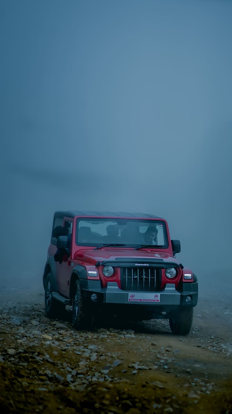 Thar Live, Foggy Background, mahindra, red car, HD phone wallpaper