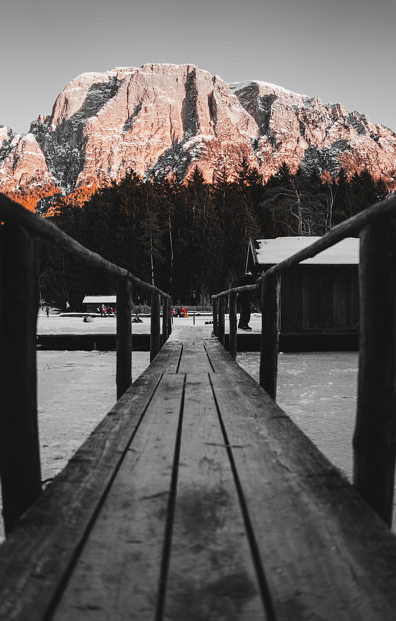 bridge, rink, mountain, winter, nature, HD phone wallpaper