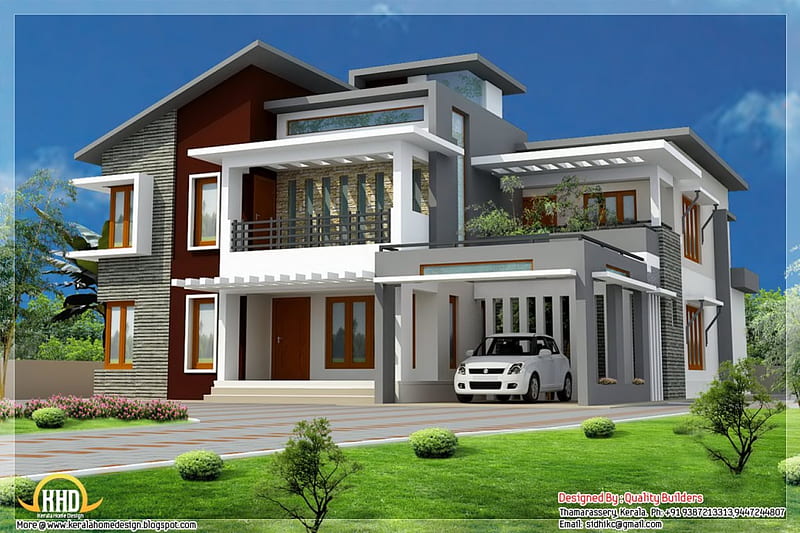 Modern House design, windows, white, doors, car, HD wallpaper