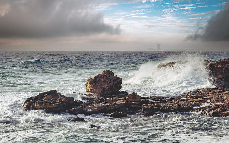 Crushing Wave, clouds, cost, sea, wave, rocks, HD wallpaper