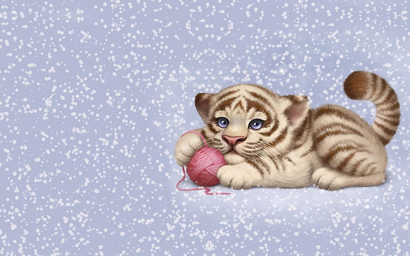 White tiger cub, white tiger, luminos, paw, winter, cute, fantasy, aleksandra chelysheva, cub, pink, blue, HD wallpaper