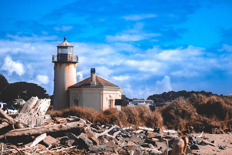 Bandon Lighthouse, coast, lighthouse, logs, orange and teal, oregon, tower, HD wallpaper
