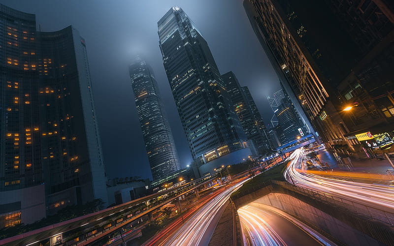 International Finance Centre, Hong Kong, fog, highway, skyscrapers, night, city lights, China, HD wallpaper