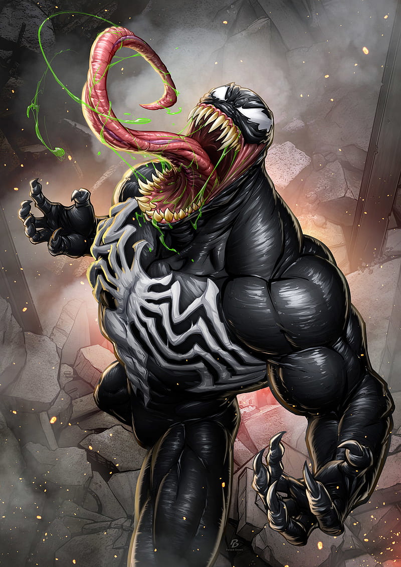 Patrick Brown, Venom, mist, sparks, tongues, teeth, claws, Symbiote, muscular, Spider-Man, Marvel Comics, HD phone wallpaper