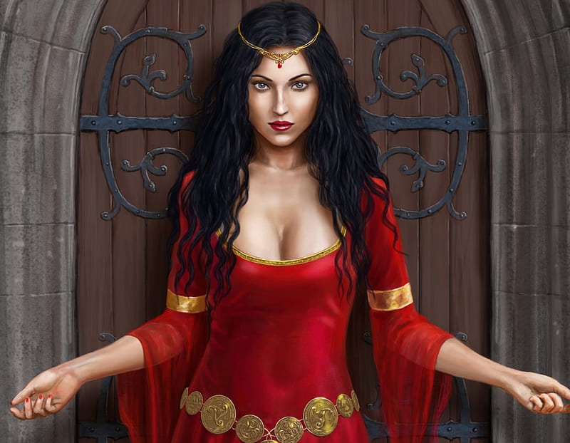 Isadora, red, art, game, woman, brunette, fantasy, girl, harbinger chronicles, princess, HD wallpaper