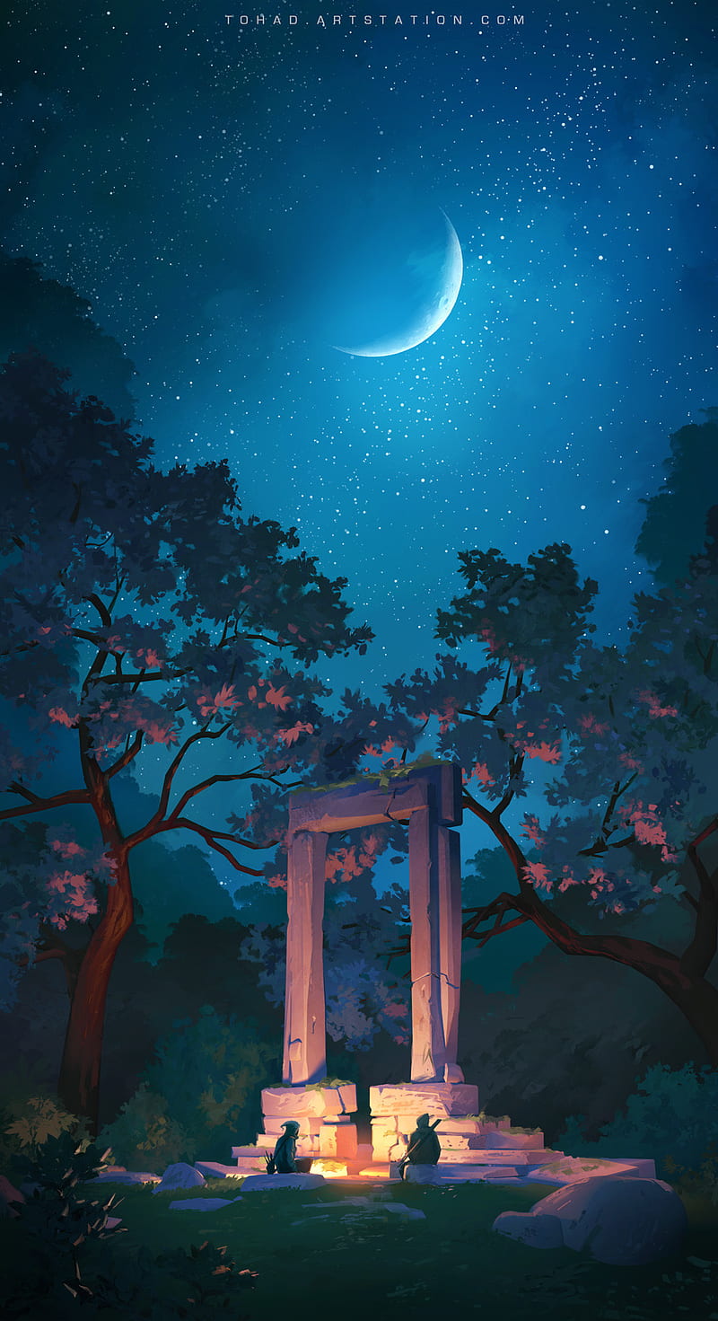 campfire, stone, trees, Moon, forest, hunters, crescent moon, HD phone wallpaper