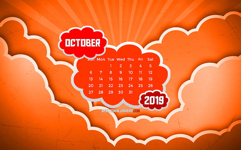 October 2019 Calendar orange clouds, autumn, 2019 calendar, October 2019, creative, abstract clouds, October 2019 calendar with clouds, Calendar October 2019, orange background, 2019 calendars, HD wallpaper