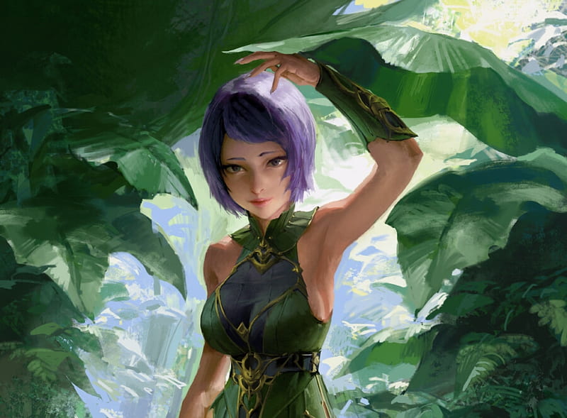 Jungle, art, fantasy, luminos, green, girl, young il choi, leaf, forest, HD wallpaper