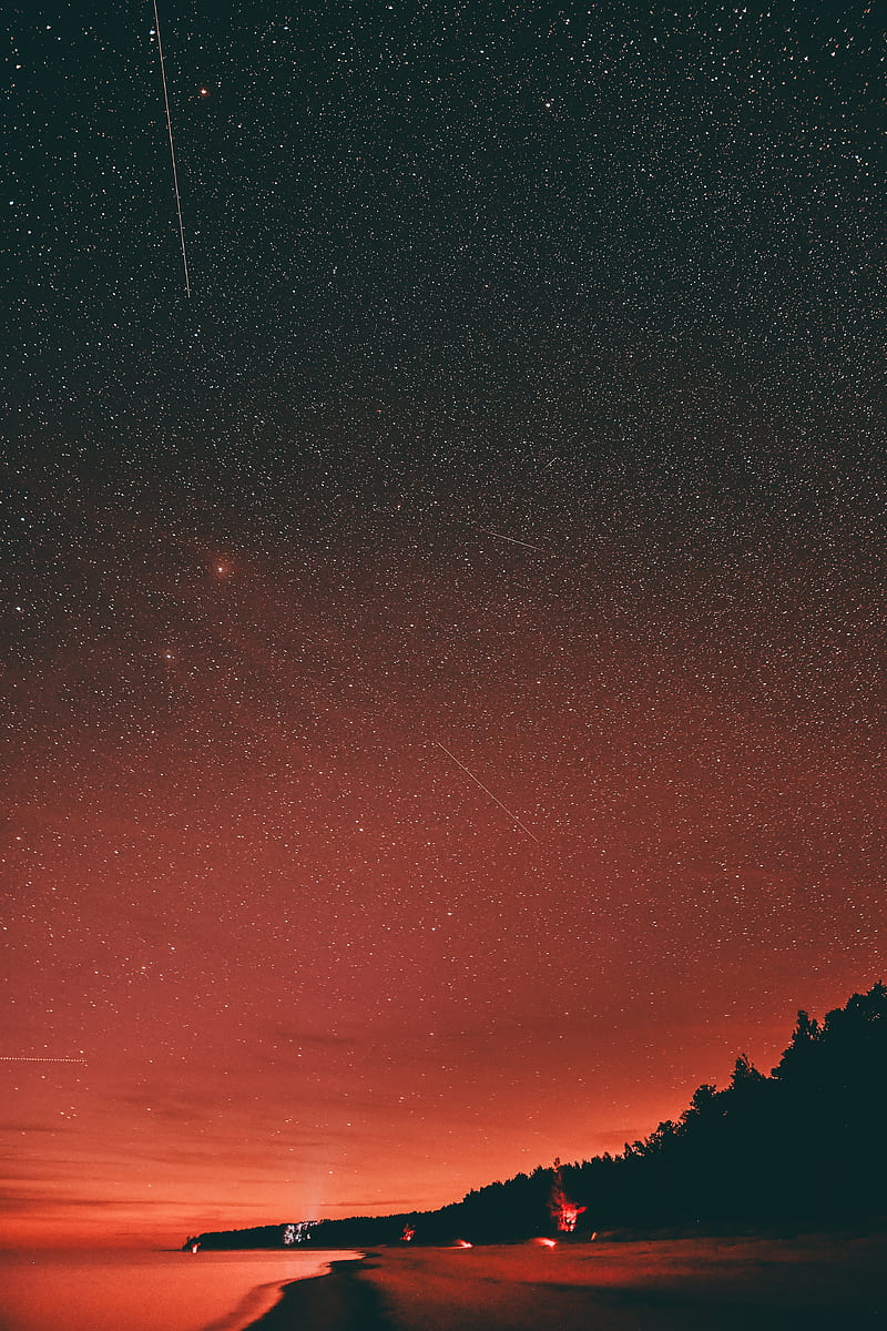 beach, dusk, starry sky, dark, red, HD mobile wallpaper