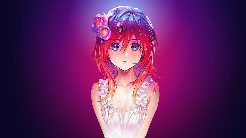 Anime Girl Water Drops Red Head Blue Eyes, anime-girl, anime, artist, artwork, digital-art, HD wallpaper