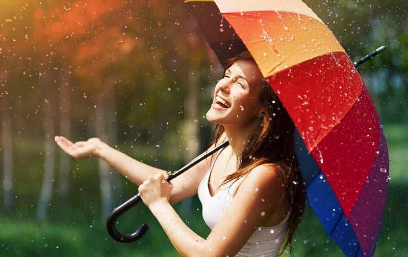 RAIN, sun, umbrella, rain drops, fun, smile, joy, mood, happy, brunette, girl, summer, color, positive, HD wallpaper
