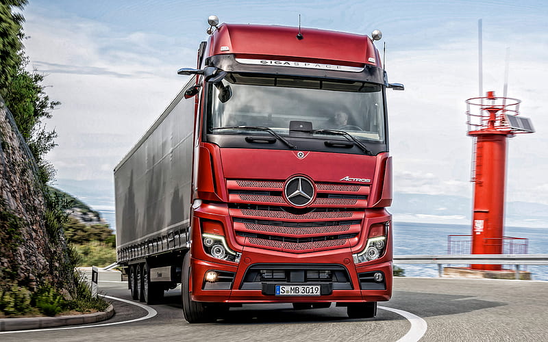Mercedes-Benz Actros, 2019, exterior, front view, new red Actros, trucking concepts, delivery, german trucks, cargo delivery concepts, Mercedes, HD wallpaper