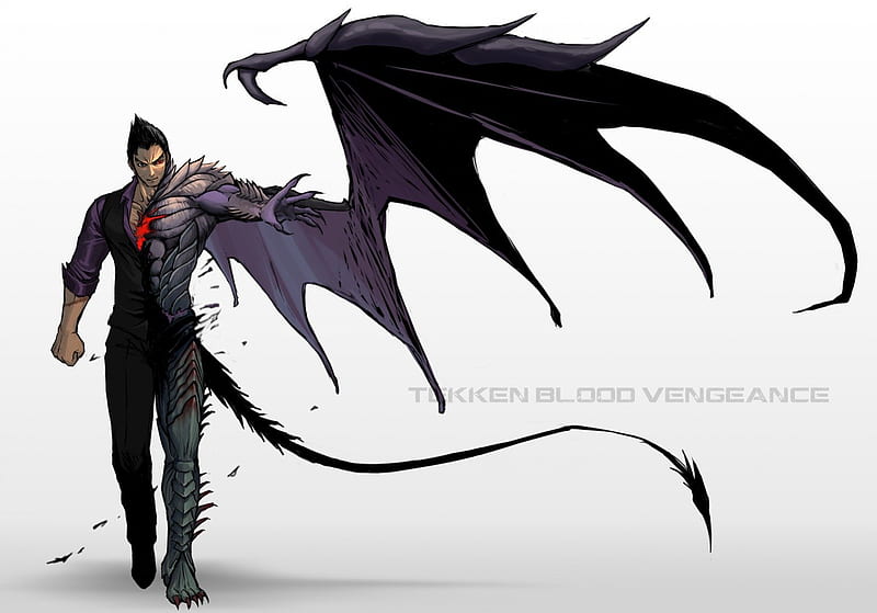 Mishima Kazuya, games, wings, kazuya, male, tail, video games, white background, tekken, spiky hair, kazuya mishima, anime, lone, devil, HD wallpaper