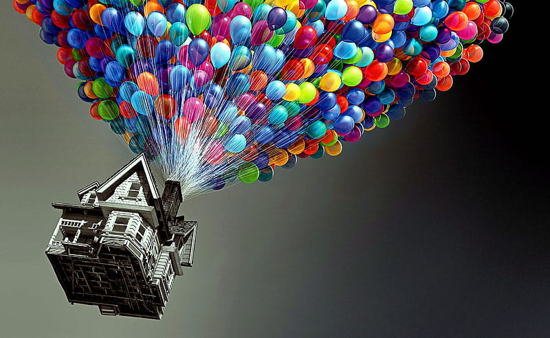 up, ballons, film, home, house, movie, vintage, HD wallpaper