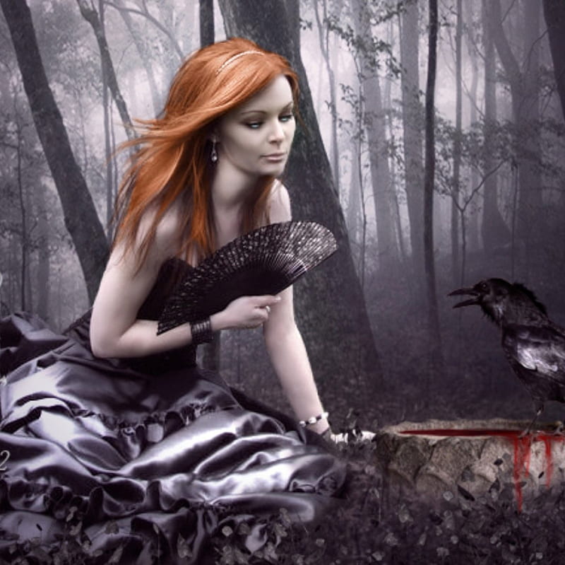 The Pact, forest, raven, fantasy, lady, HD wallpaper