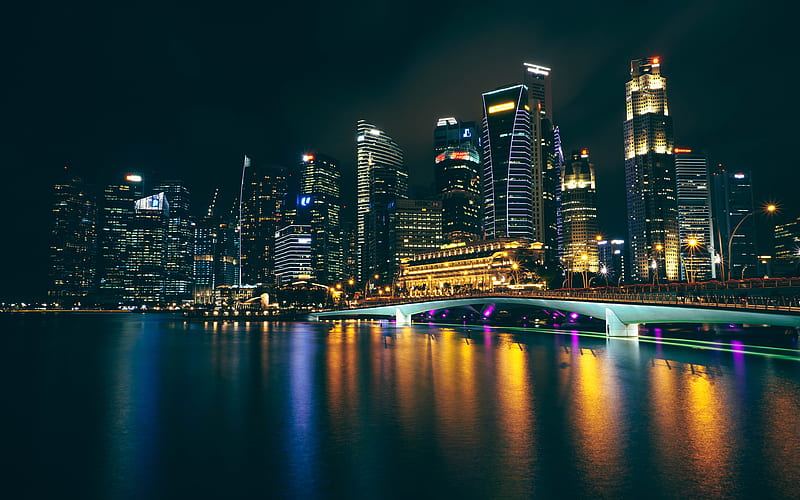 Singapore, metropolis, nightscapes, embankment, skyscrapers, Asia, HD wallpaper