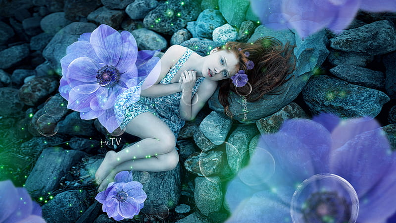 Little fairy, model, creative, woman, tony kokhan, fantasy, girl, green, purple, summer, flower, fairy, HD wallpaper