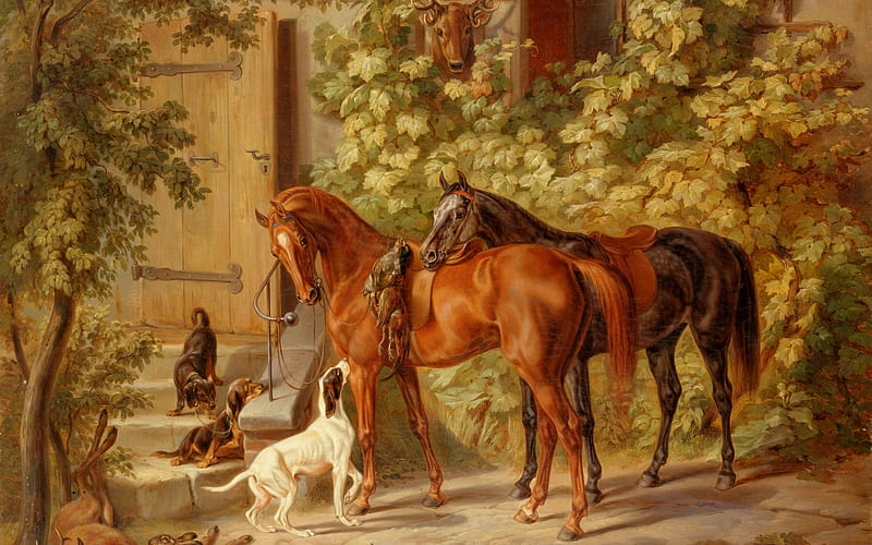 AFTER HUNTING, house, relax, painting, dogs, horses, backyard, HD wallpaper