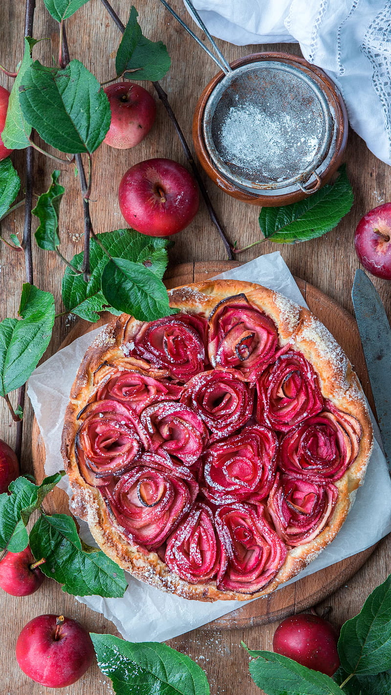 Pie, flowers, rose, apples, leaves, roses, red, fruit, food, HD phone wallpaper