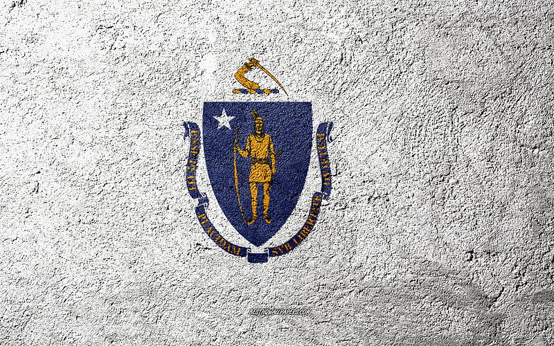 Flag of State of Massachusetts, concrete texture, stone background, Massachusetts flag, USA, Massachusetts State, flags on stone, Flag of Massachusetts, HD wallpaper