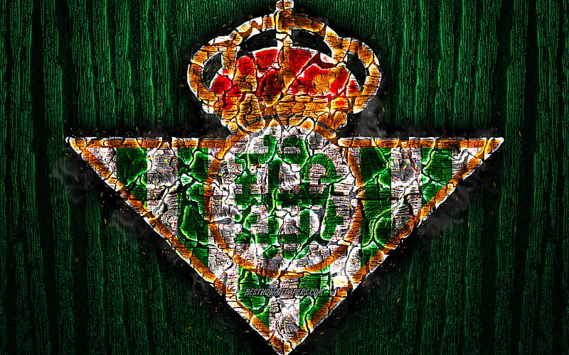 Real Betis, scorched logo, LaLiga, green wooden background, spanish football club, grunge, Real Betis Balompie, football, soccer, Real Betis logo, fire texture, Spain, HD wallpaper