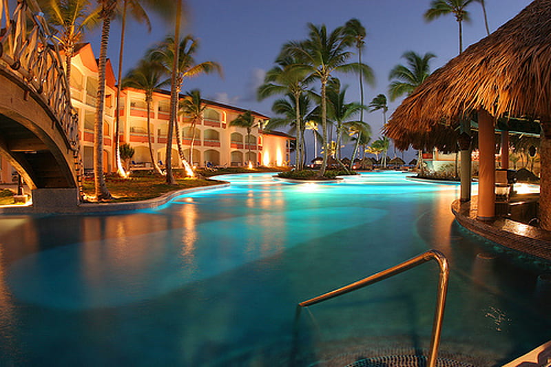 Hotel Paradise, hotel, paradise, pool, lights, blue, HD wallpaper