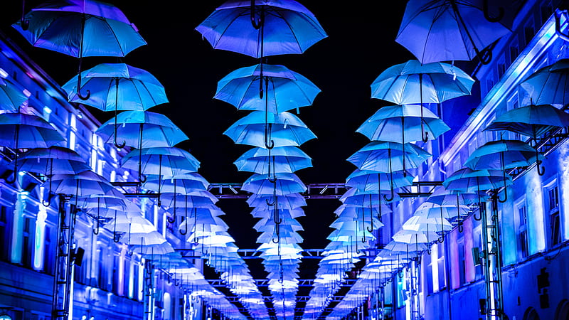 umbrellas, scenery, street, illumination, lights, HD wallpaper