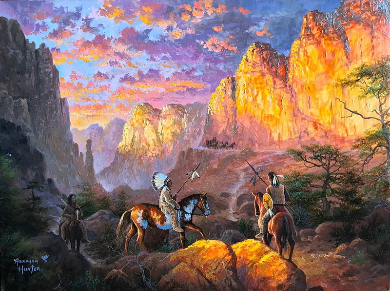 Valley of Decision, mountains, people, cart, painting, natives, sky, artwork, horses, HD wallpaper