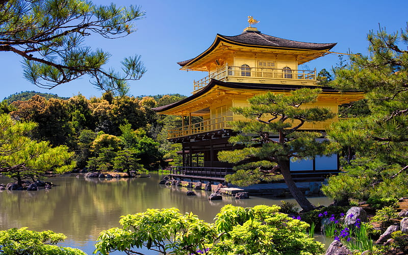 Kinkaku-ji, Rokuon-ji, Deer Garden Temple, Zen Buddhist temple, Golden Pavilion, Kinkakuji, japanese temple, summer, landmark, Kyoto, japan, HD wallpaper