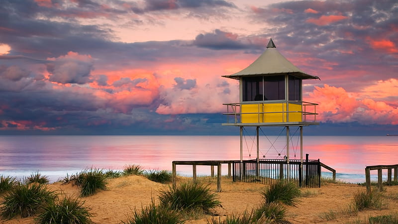graphy, beach, Australia, Lifeguard Tower, New South Wales, Sunset, HD wallpaper