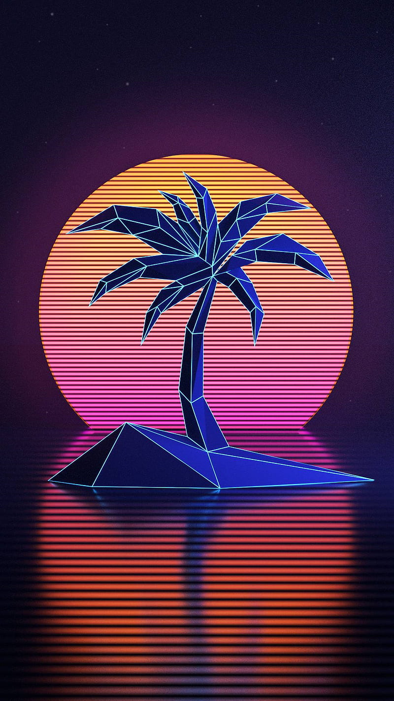 Abstract, 3d, art, holiday, island, palm tree, pink, purple, s7, s8, summer, sunset, water, HD phone wallpaper