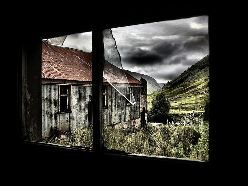 AFTER THE STORM, outside, window, buildings, shack, framed, clouds, storm, barn, landscape, HD wallpaper