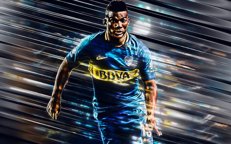 Frank Fabra Boca Juniors, Colombian footballer, creative art, blades style, Argentina, blue background, lines art, football, HD wallpaper