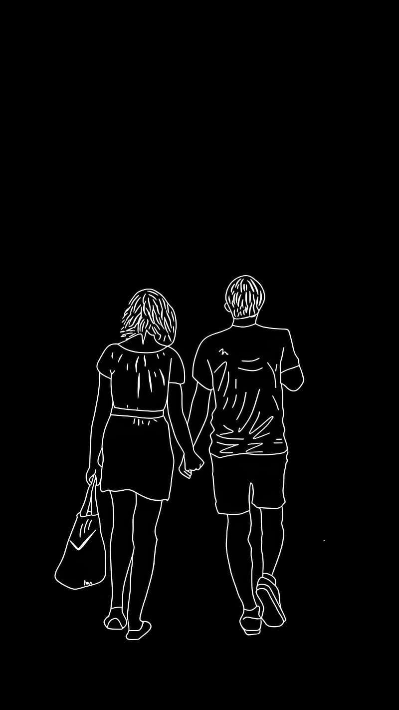 Black Line Art, Couple Walking Together, couple, walking together, art work, HD phone wallpaper
